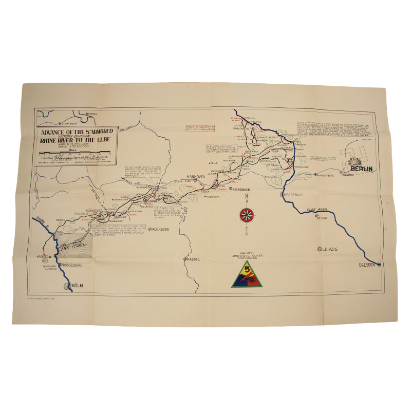 Carte, ADVANCE OF THE 5TH ARMORED VICTORY DIVISION - RHINE RIVER TO THE ELBE, 1945
