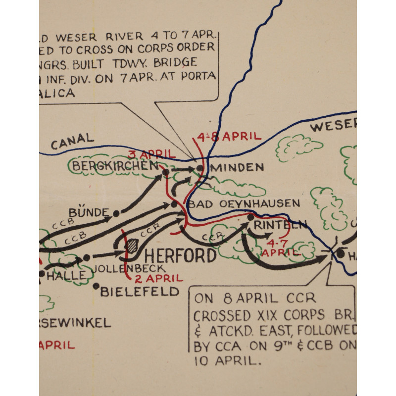 Map, ADVANCE OF THE 5TH ARMORED VICTORY DIVISION - RHINE RIVER TO THE ELBE, 1945
