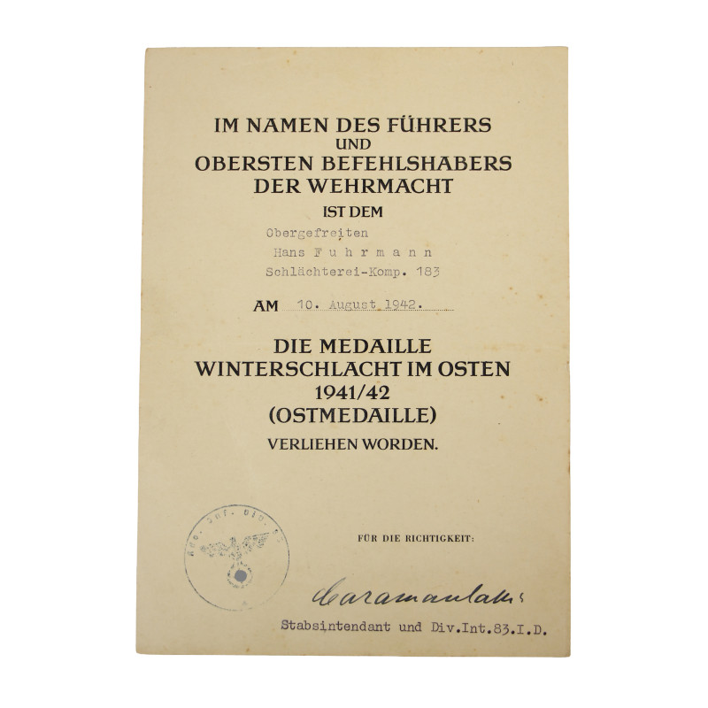 Soldbuch, Ob. Gefr. Hans Fuhrmann, Heer, 83. Infanterie-Division, Front de l'Est