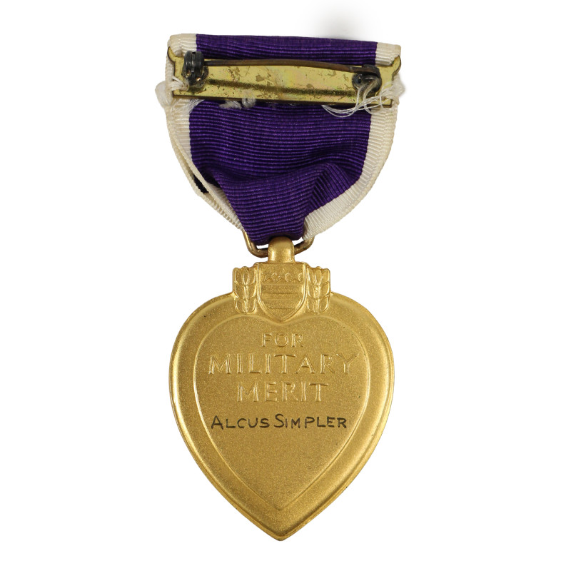 Coffret médaille, Purple Heart, Pfc. Alcus Simpler, Hq. Bat., 56th Field Art. Bn., 8th Infantry Division, KIA, 19 juillet 1944