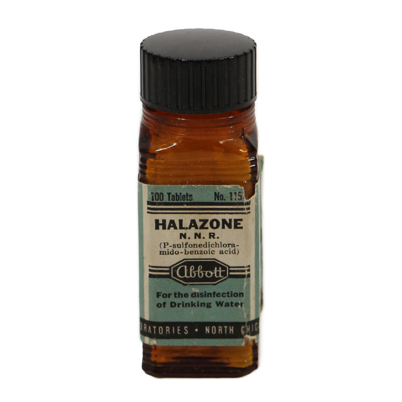 Flacon de 100 pastilles d'halazone, ABBOTT LABORATORIES, plein