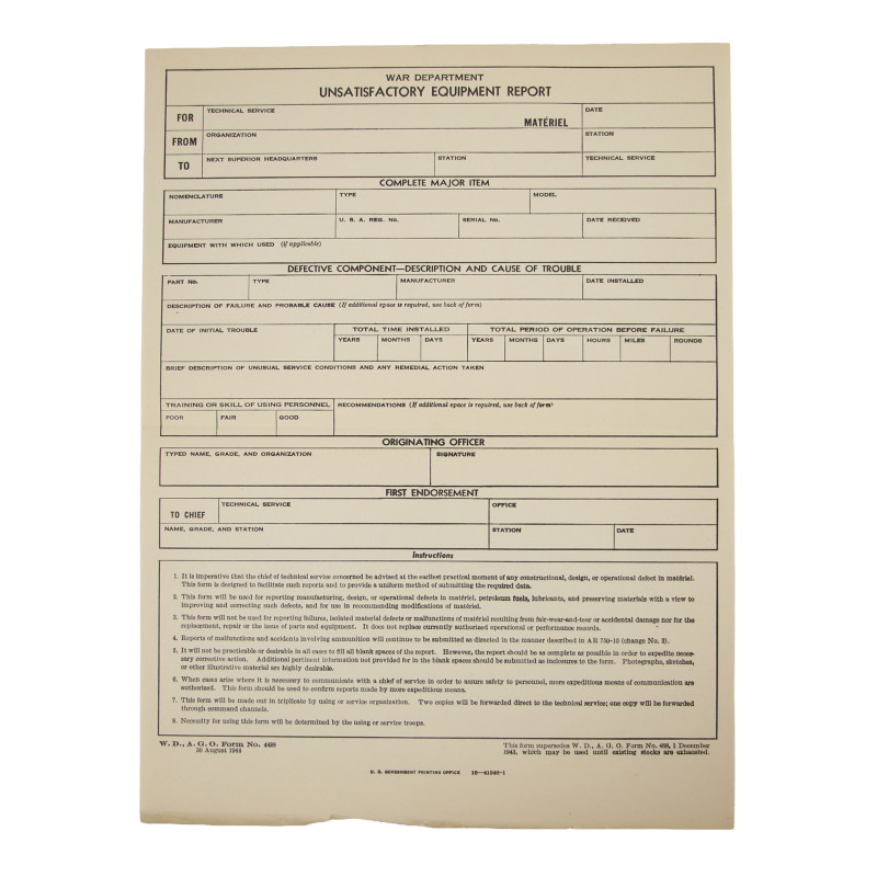 Formulaire de non-satisfaction de l'équipement, US Army, 1944