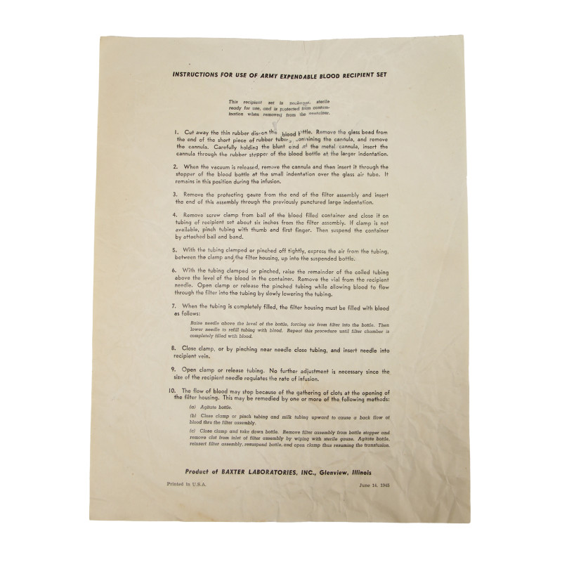 Notice d'instructions du système de transfusion sanguine, 1945