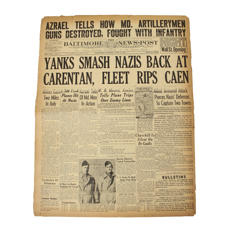 Newspaper, The Baltimore News-Post, YANKS SMASH NAZIS BACK AT CARENTAN, June 14, 1944