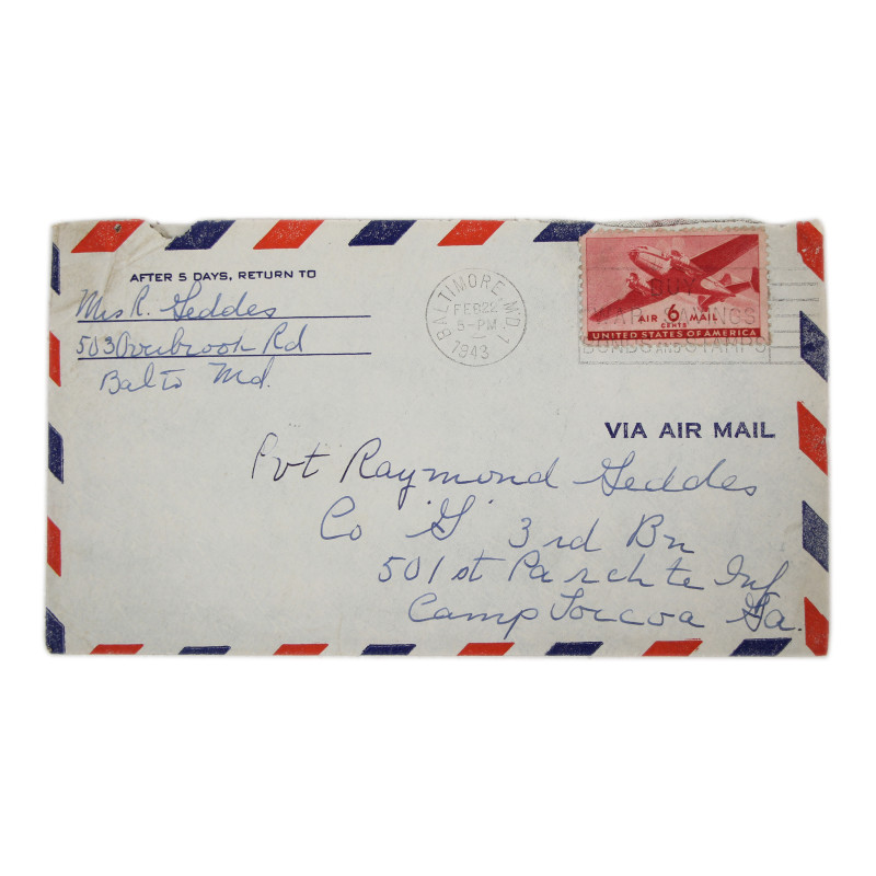 Lettre, Pvt. Ray Geddes, Camp Toccoa, 501st PIR, 22 février 1943