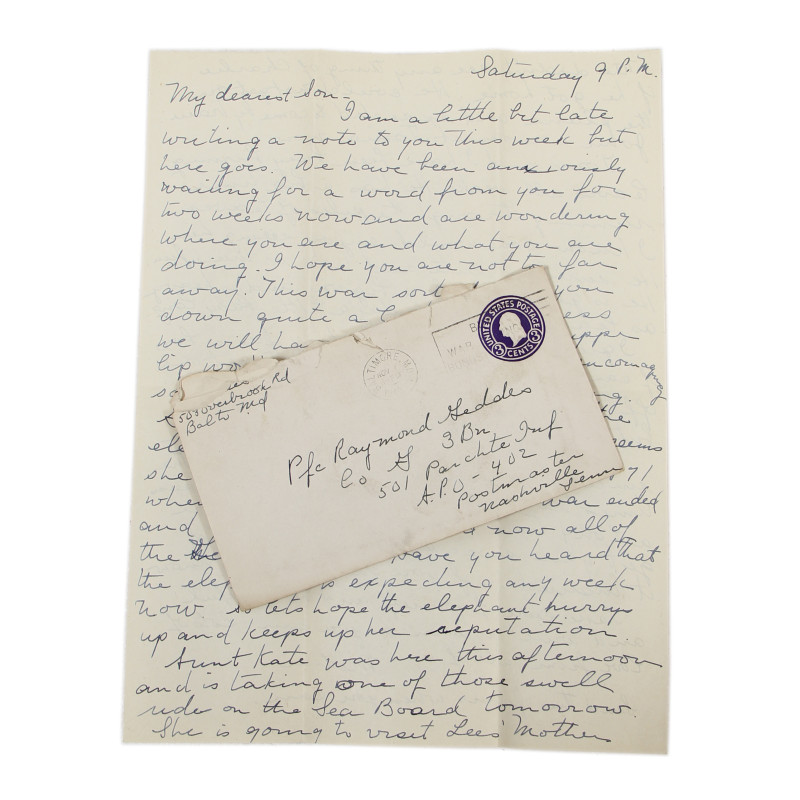 Lettre, Pfc. Ray Geddes, Co. G, 501st PIR, 7 novembre 1943