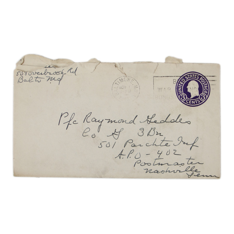 Lettre, Pfc. Ray Geddes, Co. G, 501st PIR, 7 novembre 1943