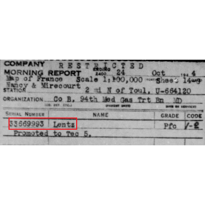 Dog Tag, Cpl. Francis Lentz, Co. B, 94th Medical Gas Treating Bn., ETO