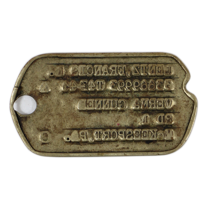 Plaque d'identité, Dog Tag, Cpl. Francis Lentz, Co. B, 94th Medical Gas Treatment Bn., ETO