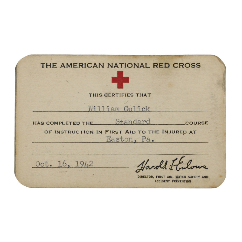 Certificat, formation de secourisme, American Red Cross, William Gulick, 1942