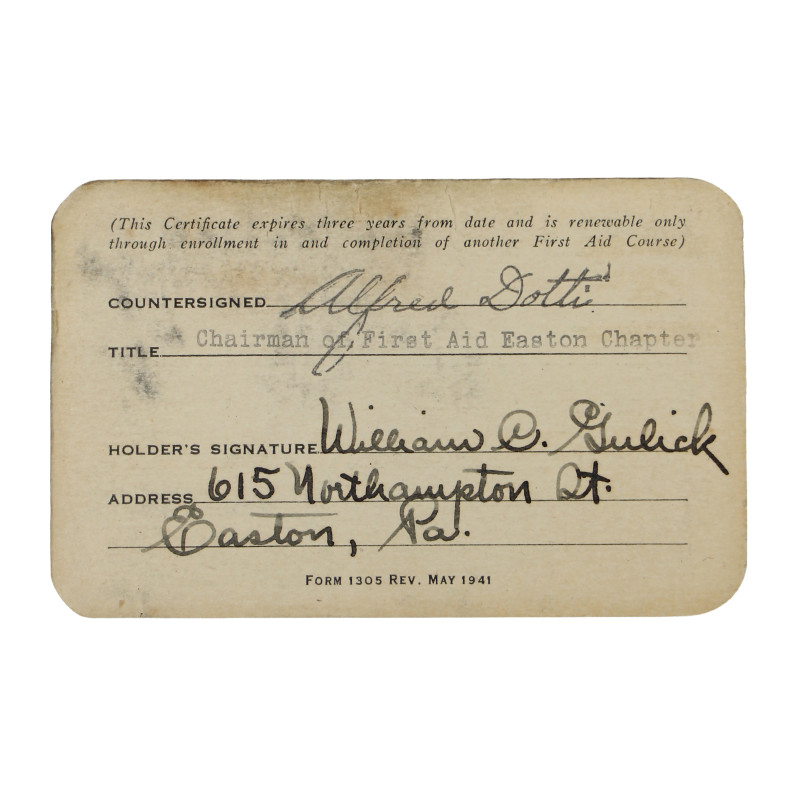 Certificat, formation de secourisme, American Red Cross, William Gulick, 1942