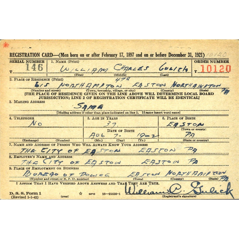 Certificate, First-Aid Course, American Red Cross, William Gulick, 1942
