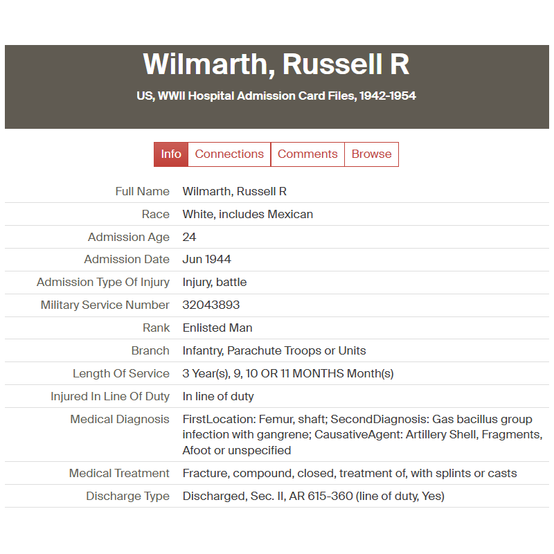 Grouping, Purple Heart, 1st Sgt. Russell Wilmarth, Co. E, 502nd PIR, 101st Airborne Division, Jour J