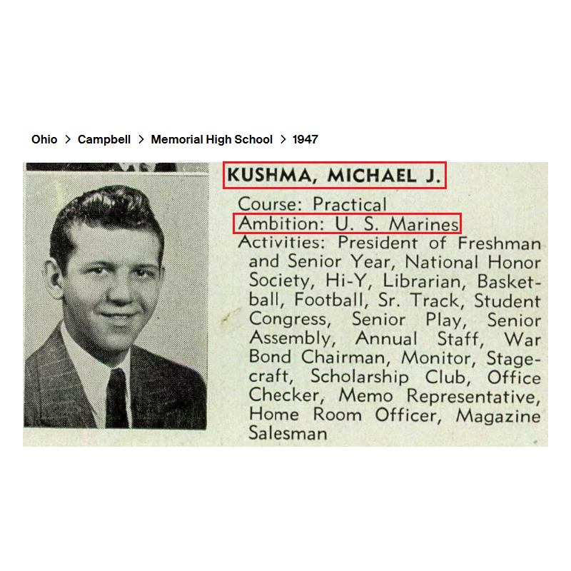 Plaque d'identité, USMC, Sgt. Michael Kushma, 7th Marine Regt., 1st Marine Division, WIA, 1950, Guerre de Corée