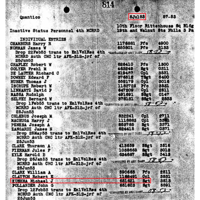 Plaque d'identité, USMC, Sgt. Michael Kushma, 7th Marine Regt., 1st Marine Division, WIA, 1950, Guerre de Corée
