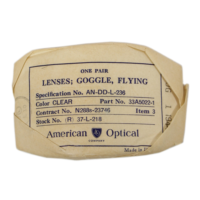 Verres de rechange, lunettes de vol AN-6530, incolores, AMERICAN OPTICAL COMPANY, 1944, état neuf