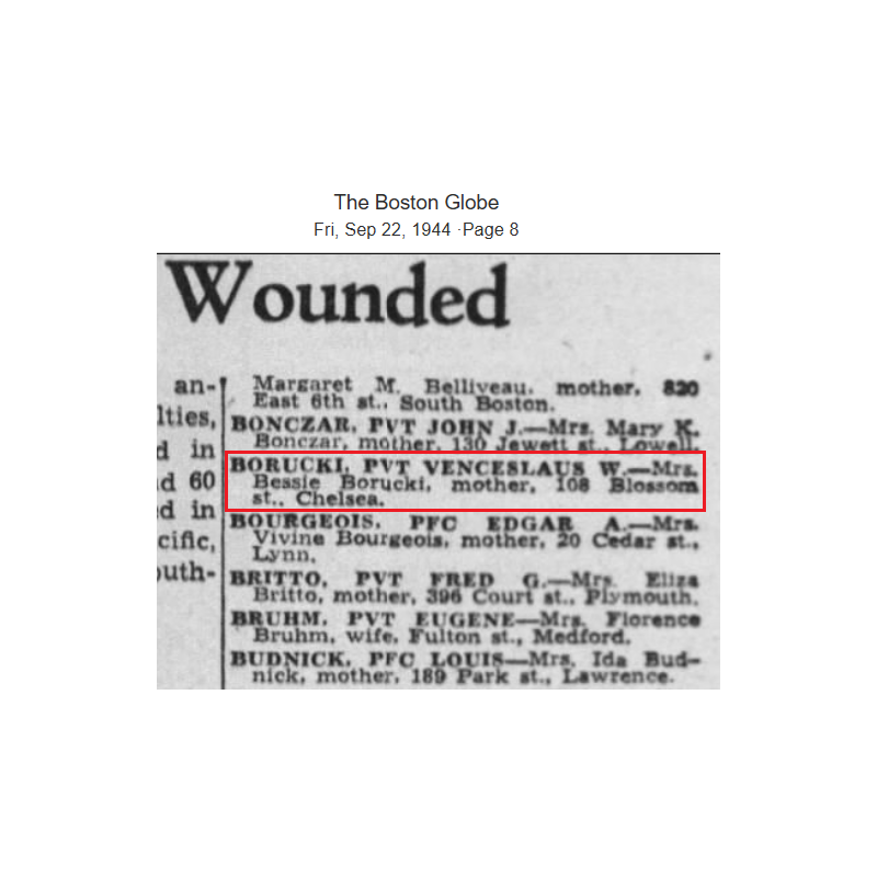Grouping, Pvt. Venceslaus Borucki, Co. B, 307th Airborne Eng. Bn., 82nd Airborne Division, Jour J, WIA & POW