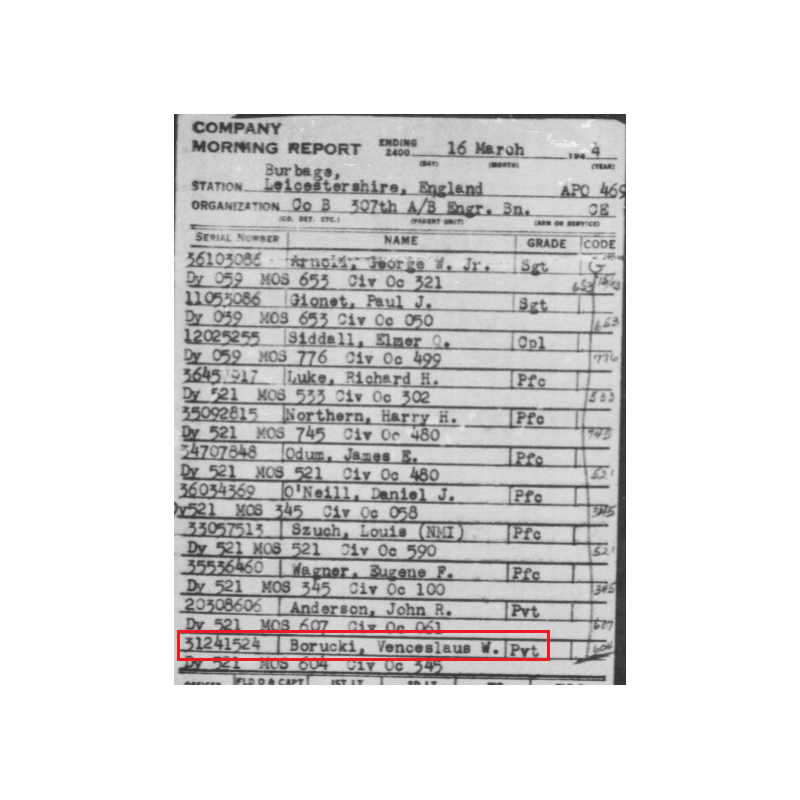 Grouping, Pvt. Venceslaus Borucki, Co. B, 307th Airborne Eng. Bn., 82nd Airborne Division, Jour J, WIA & POW