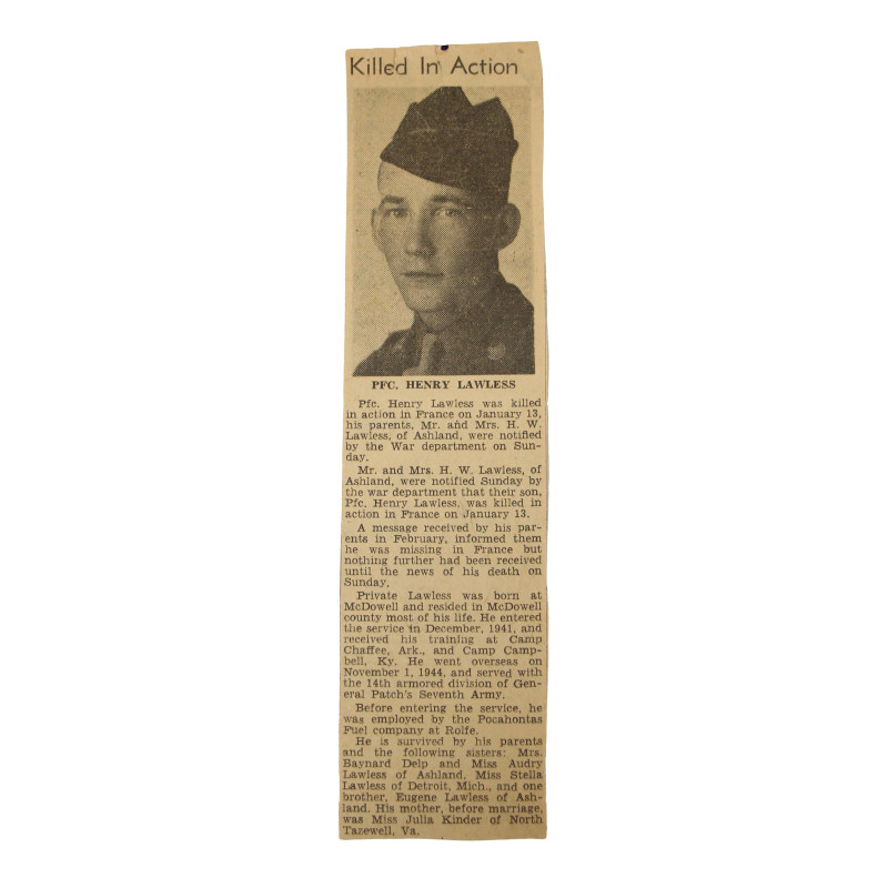 Grouping, Pfc. Henry Lawless, Co. C, 47th Tank Bn., 14th Armored Division, KIA, ETO