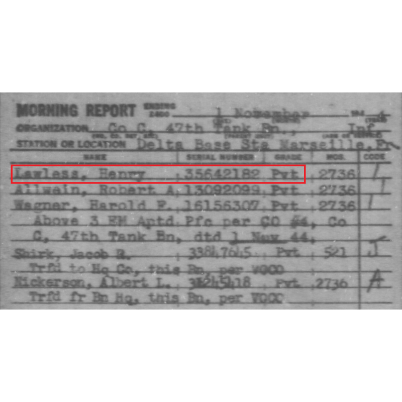 Grouping, Pfc. Henry Lawless, Co. C, 47th Tank Bn., 14th Armored Division, KIA, ETO