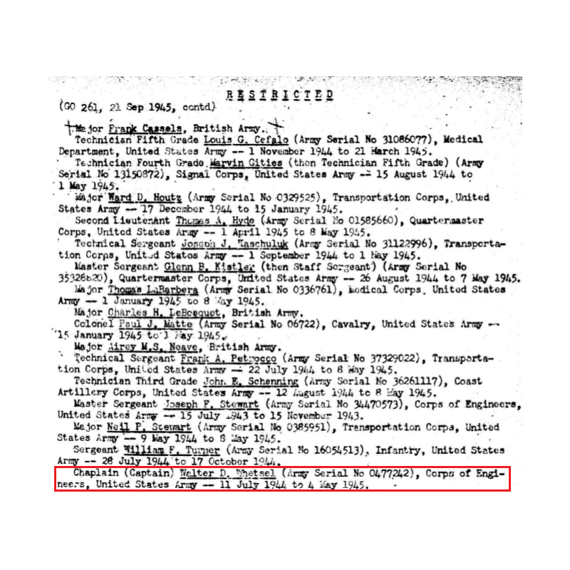 Grouping, Maj. Walter Whetsel, Chaplain, 359th Engineer General Service Regt., ETO