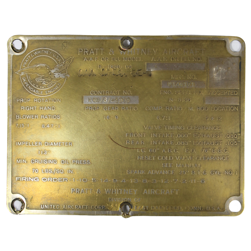 Plaque de moteur d'avion, PRATT & WHITNEY, PB4Y-2 Privateer, US Navy