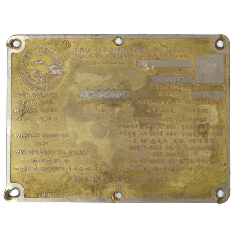 Plate, Engine, Aircraft, PRATT & WHITNEY, PB4Y-2 Privateer, US Navy
