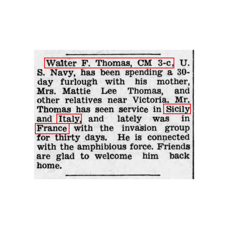 Pass, HQ, SBS, SOS, ETOUSA, CM3c Walter Thomas, 2nd NBB, MTO & ETO