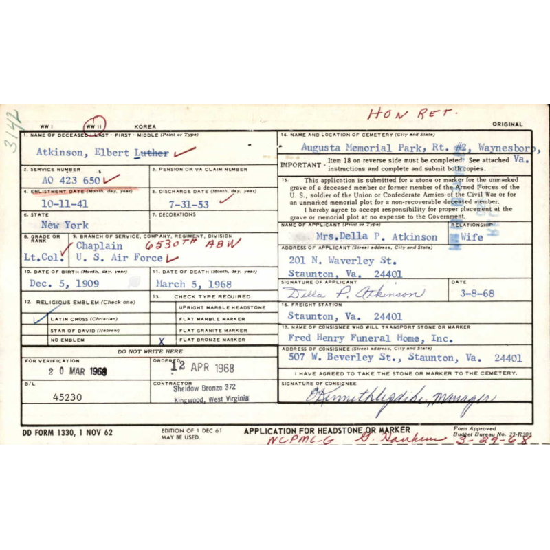 Bureau de campagne, Maj. Elbert Atkinson, Chaplain, 8th Air Force & First Allied Airborne Army, ETO