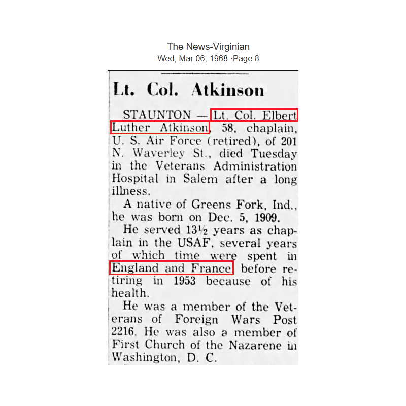 Bureau de campagne, Maj. Elbert Atkinson, Chaplain, 8th Air Force & First Allied Airborne Army, ETO