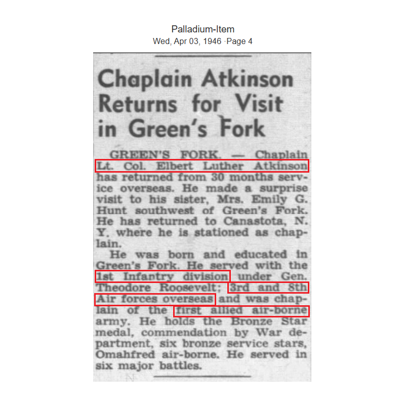 Bureau de campagne, Maj. Elbert Atkinson, Chaplain, 8th Air Force & First Allied Airborne Army, ETO