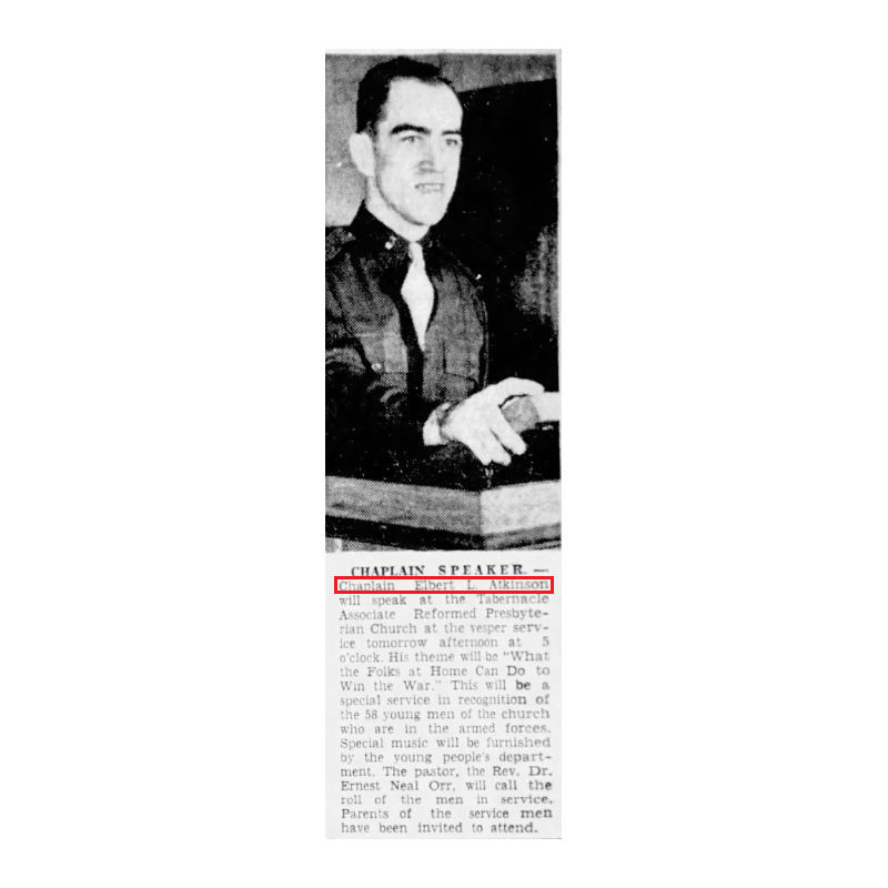 Bureau de campagne, Maj. Elbert Atkinson, Chaplain, 8th Air Force & First Allied Airborne Army, ETO