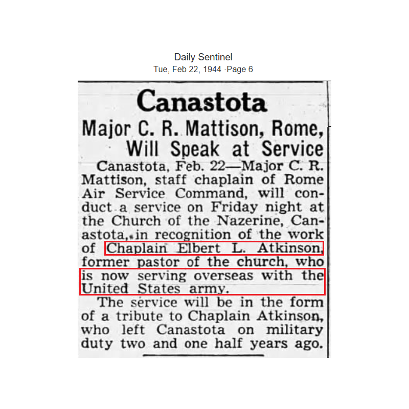 Bureau de campagne, Maj. Elbert Atkinson, Chaplain, 8th Air Force & First Allied Airborne Army, ETO