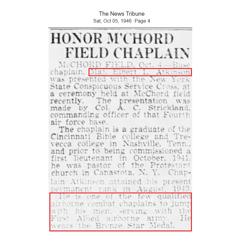Bureau de campagne, Maj. Elbert Atkinson, Chaplain, 8th Air Force & First Allied Airborne Army, ETO