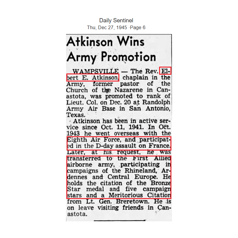 Bureau de campagne, Maj. Elbert Atkinson, Chaplain, 8th Air Force & First Allied Airborne Army, ETO