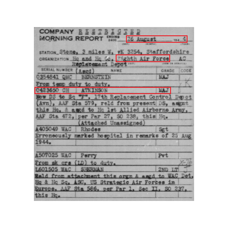 Bureau de campagne, Maj. Elbert Atkinson, Chaplain, 8th Air Force & First Allied Airborne Army, ETO