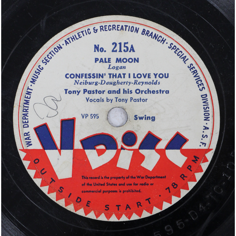 Record, V-DISC, 78 RPM, War Department, No. 215, Tony Pastor and his Orchestra