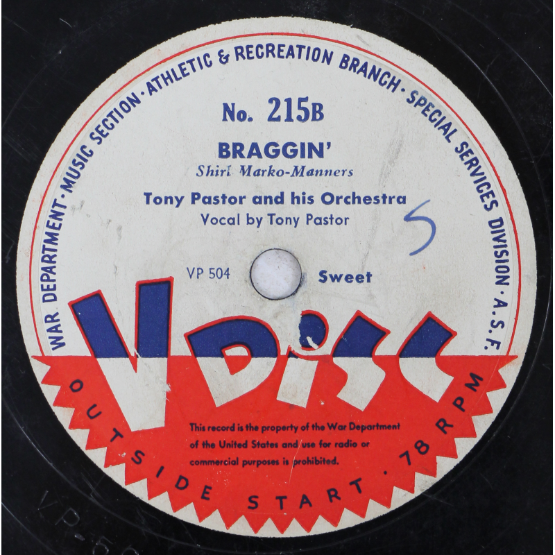 Disque, V-DISC, 78 tours, War Department, No. 215, Tony Pastor and his Orchestra