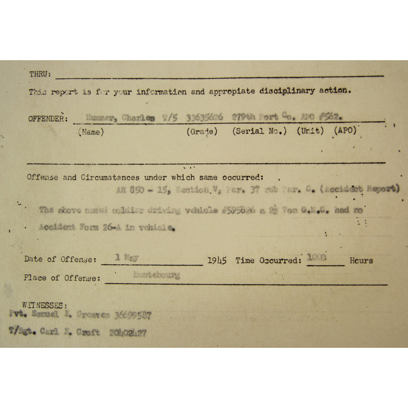 Rapport disciplinaire, T/5 Charles Hummer, 279th Port Co., Montebourg, Normandie