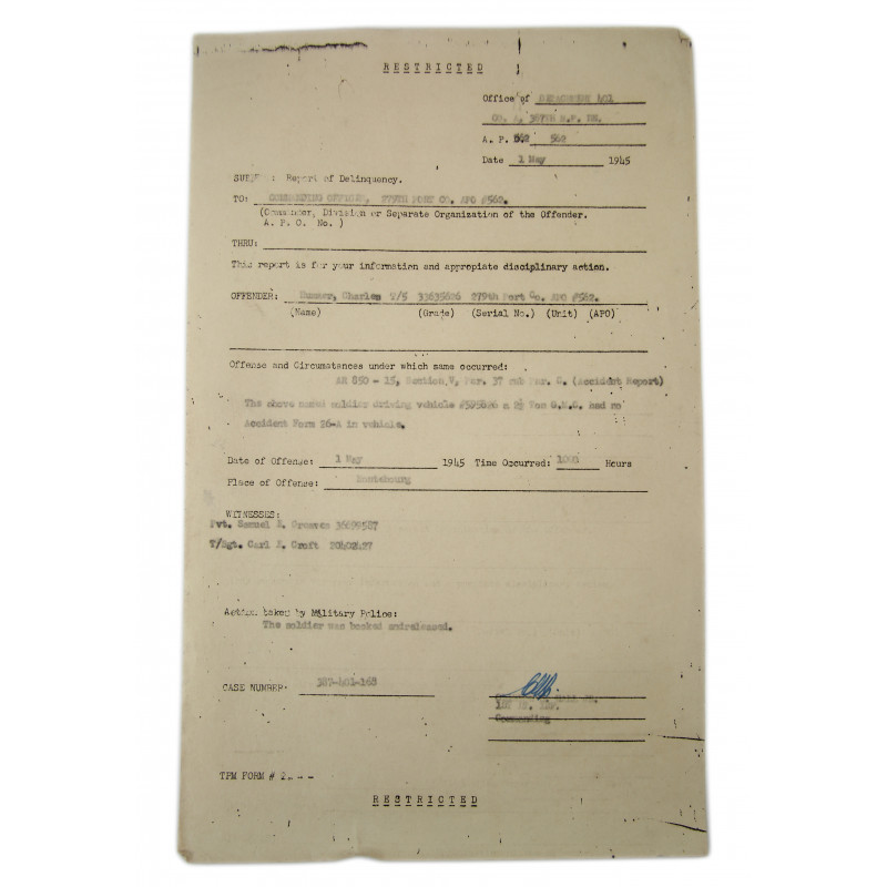 Rapport disciplinaire, T/5 Charles Hummer, 279th Port Co., Montebourg, Normandie