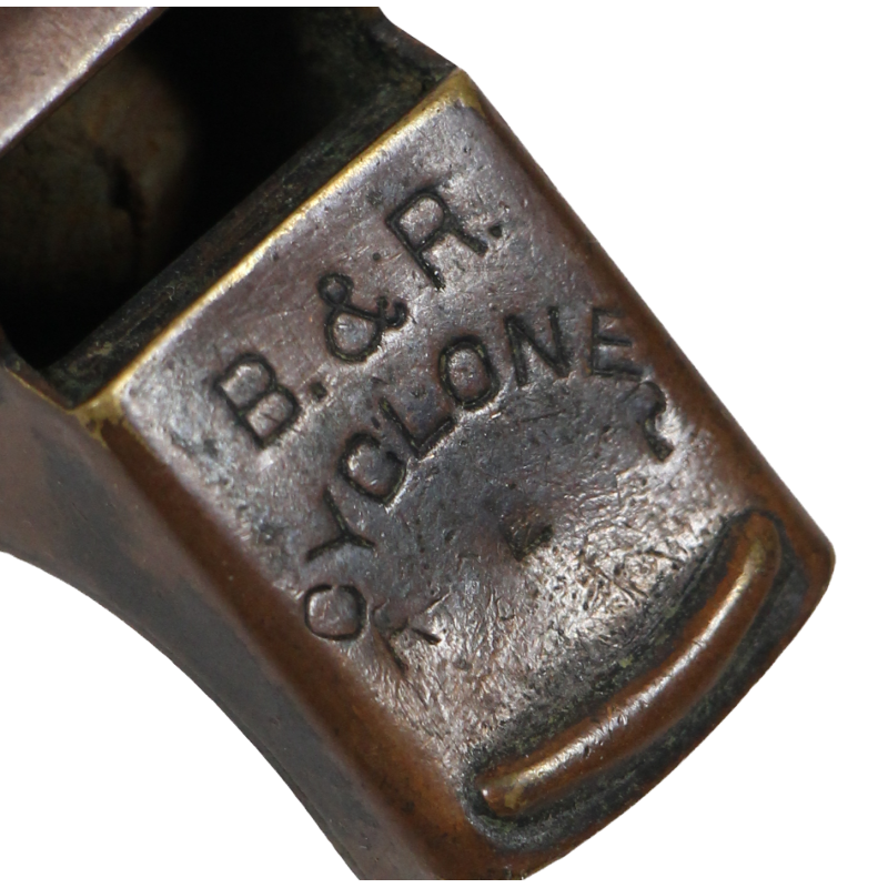 Whistle, Brass, B. & .R. CYCLONE, with Chain and Hook