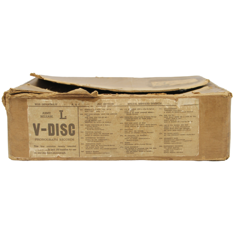 Carton de 20 disques, V-DISC, 78 tours, War Department, Special Services Division, août 1944, vide