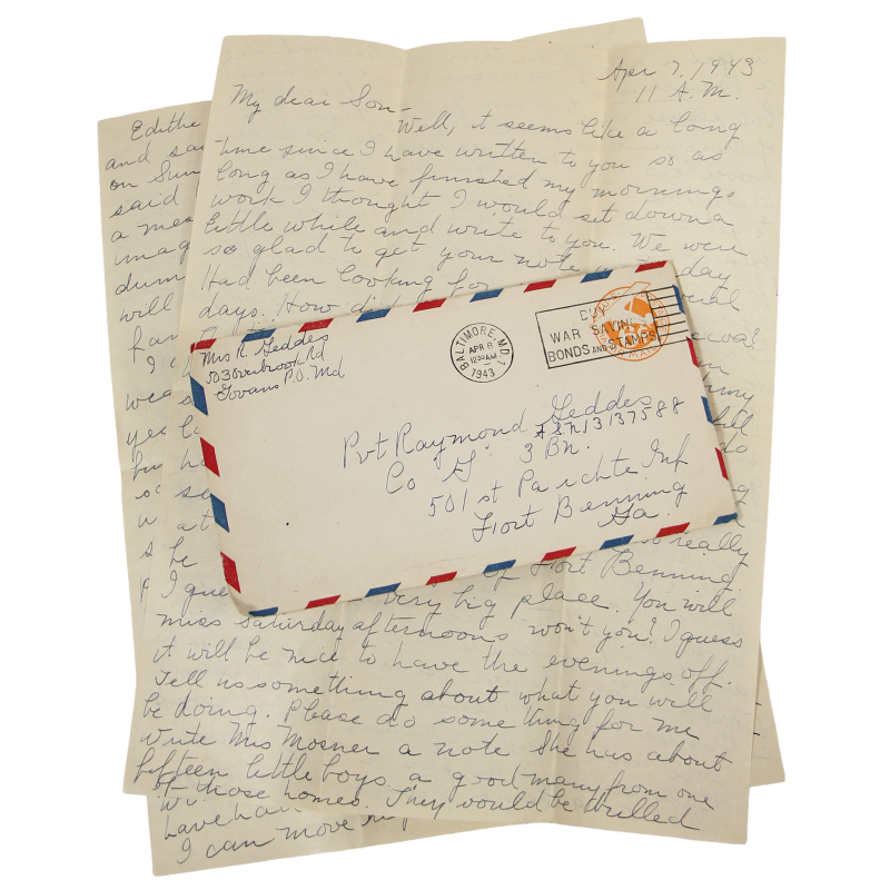 Lettre, Pvt. Ray Geddes, Fort Benning, 501st PIR, 8 avril 1943