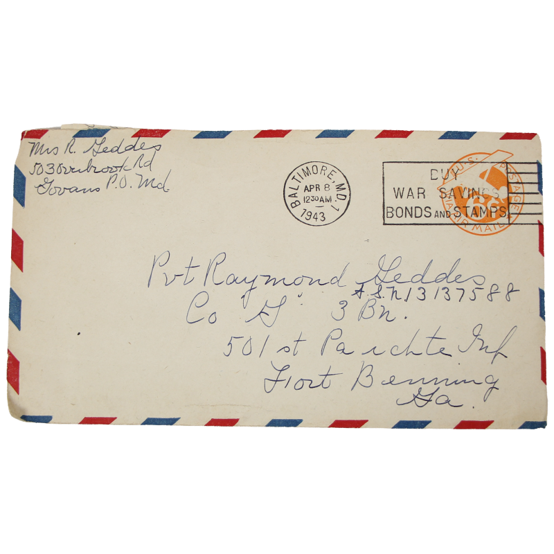 Letter, Pvt. Ray Geddes, Fort Benning, 501st PIR, April 8, 1943