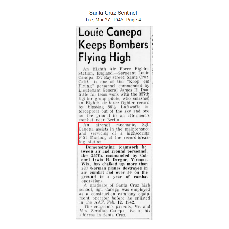 Cap, Enlisted Men, US Army, S/Sgt. Louie Canepa, 362nd FS, 357th FG, 8th Air Force, USAAF, ETO