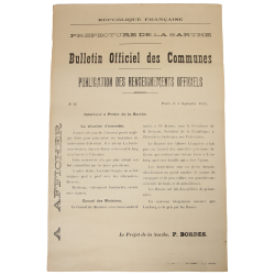 Affiche, Publication des Renseignements Officiels, Préfecture de la Sarthe, n° 31, 5 septembre 1914