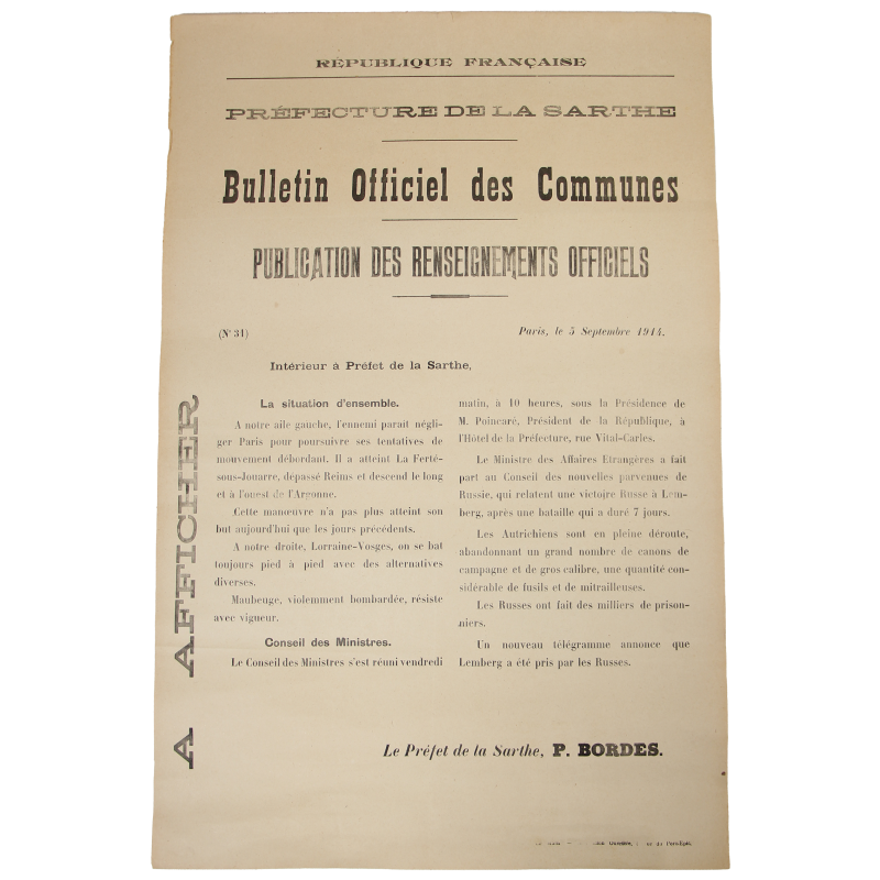 Poster, Publication des Renseignements Officiels, Préfecture de la Sarthe, No. 31, September 5, 1914