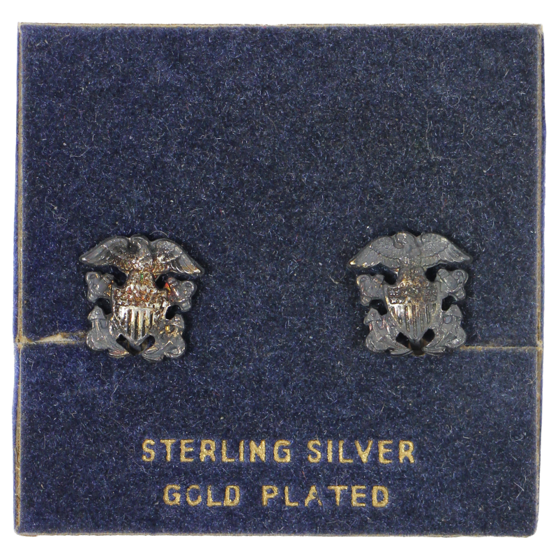 Earrings, Sweetheart, US Navy, Sterling Silver, Gold-Plated, in Box