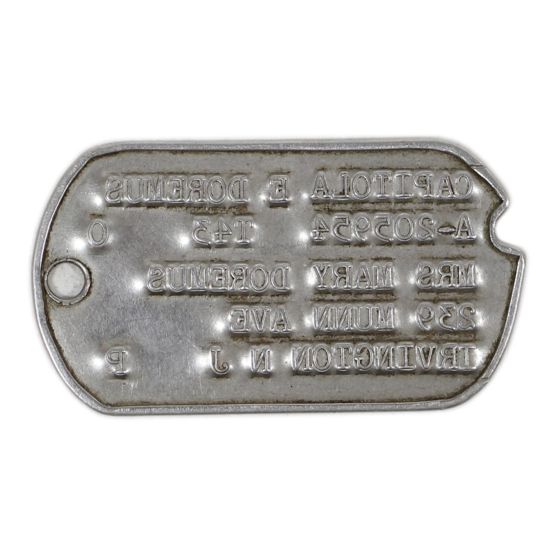 Plaque d'identité, Dog Tag, Pfc. Capitola Doremus, WAC, 9th Air Force, USAAF, ETO