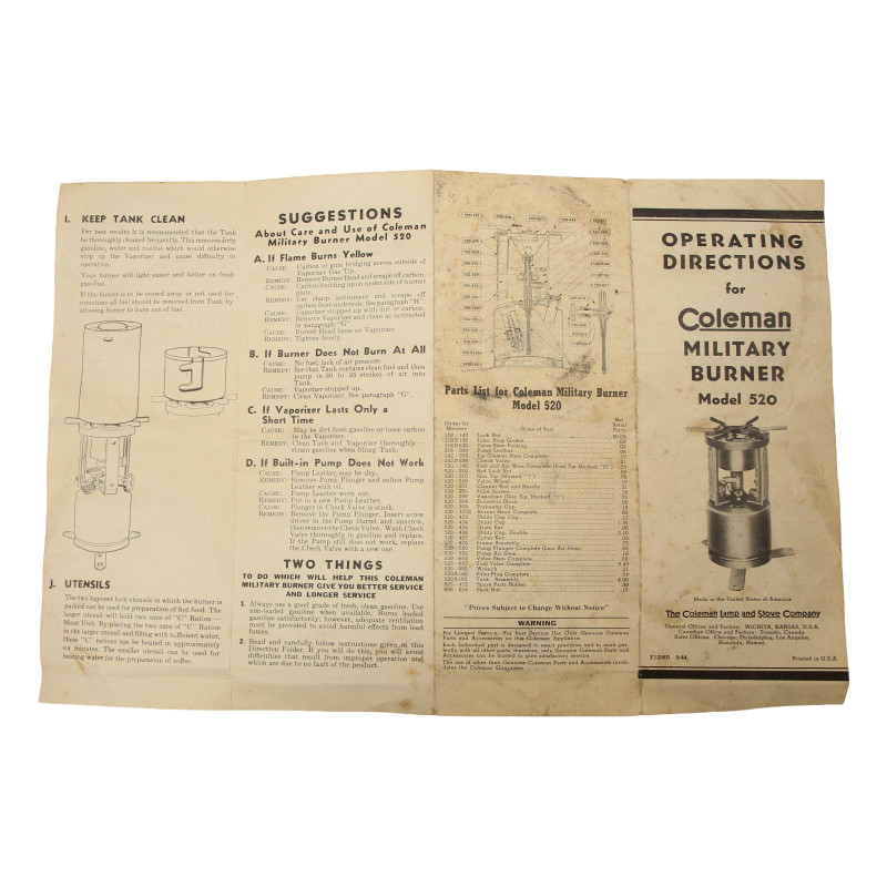 Réchaud M-1941, AMERICAN 1944, avec container C.M. MFG. CO. 1944, dans son carton